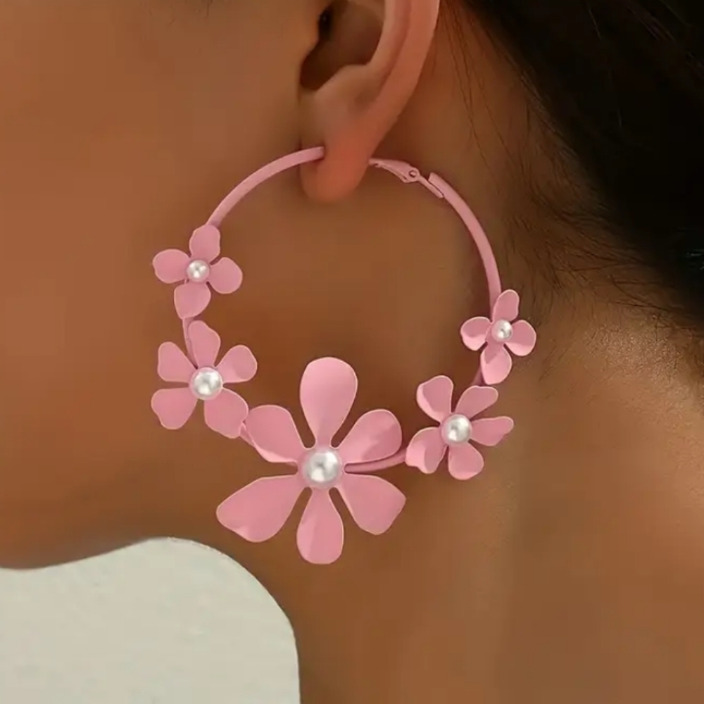 Petals and Pearls Large Pink Floral Hoop Earrings with Pearl Accents